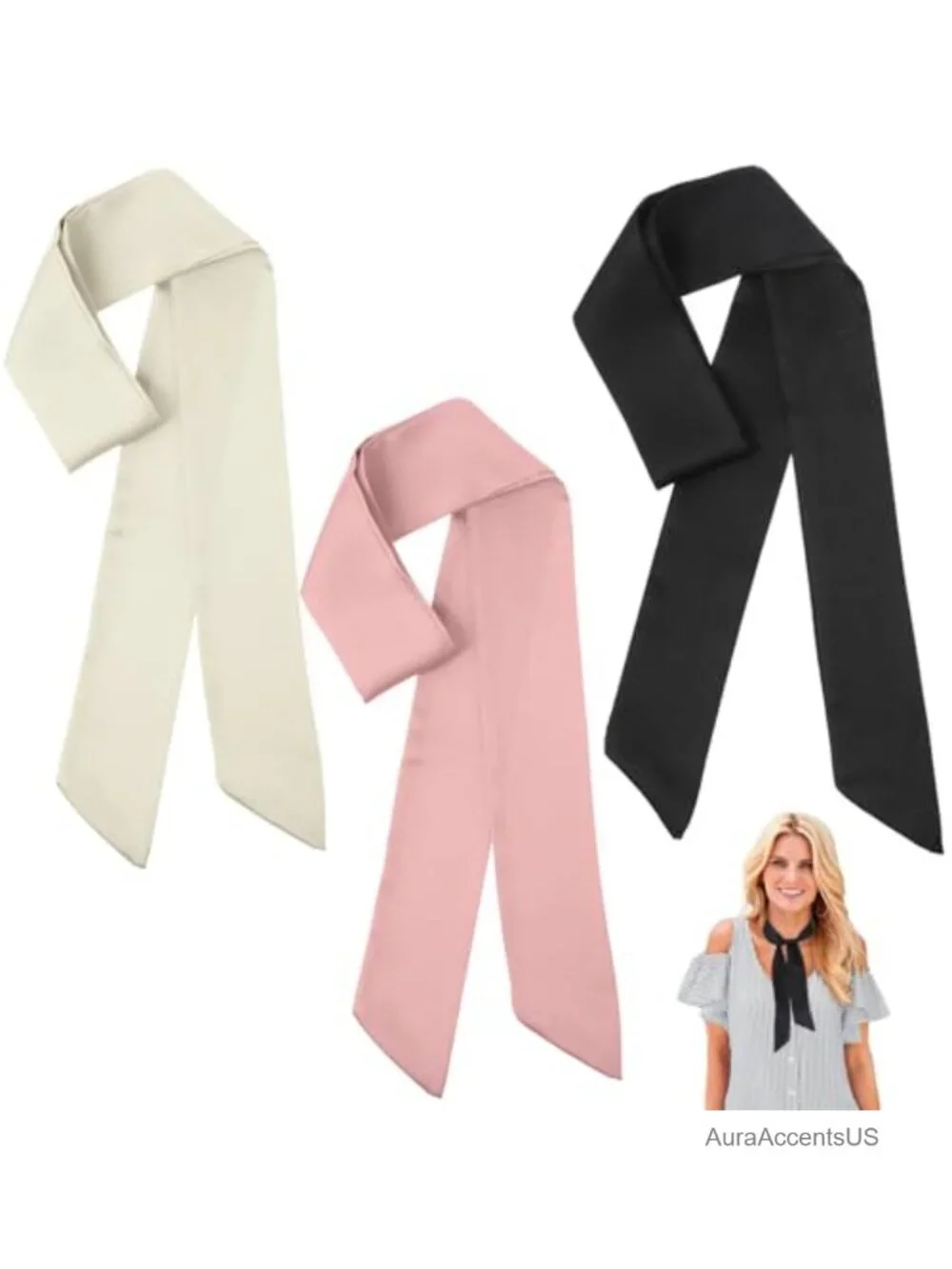 3-Piece Satin Long Neckerchief Scarf Multifunctional Skinny Scarf